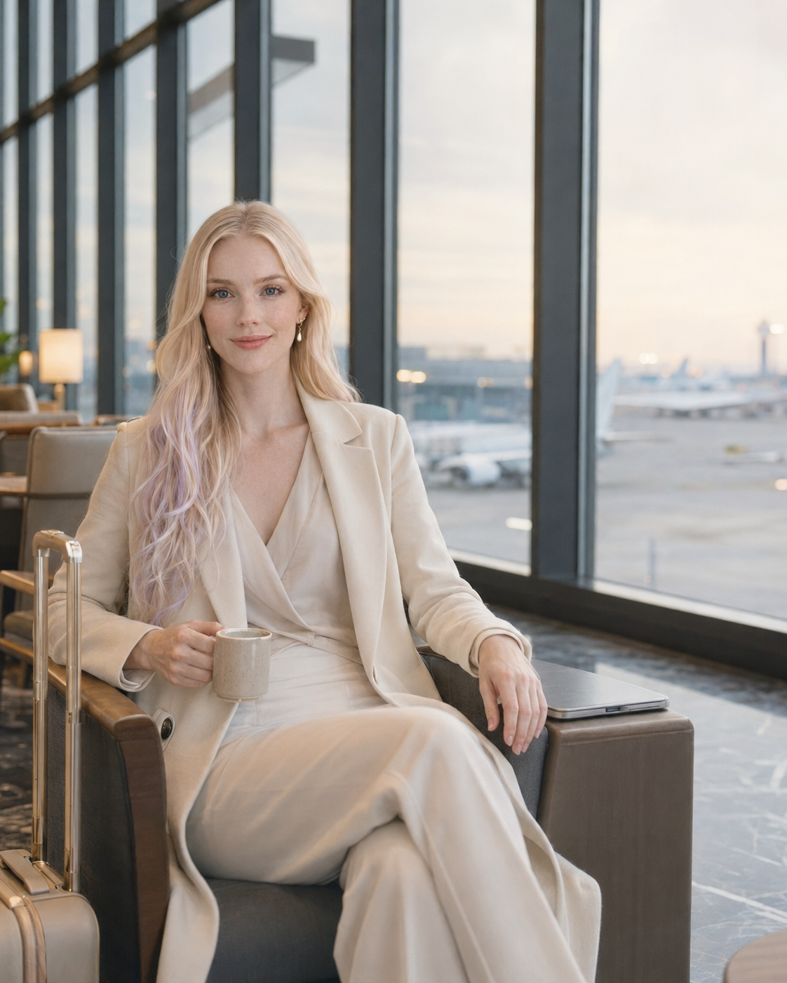 Angellyz em aeroporto internacional com mala, roupa elegante e expressão serena de viagem.