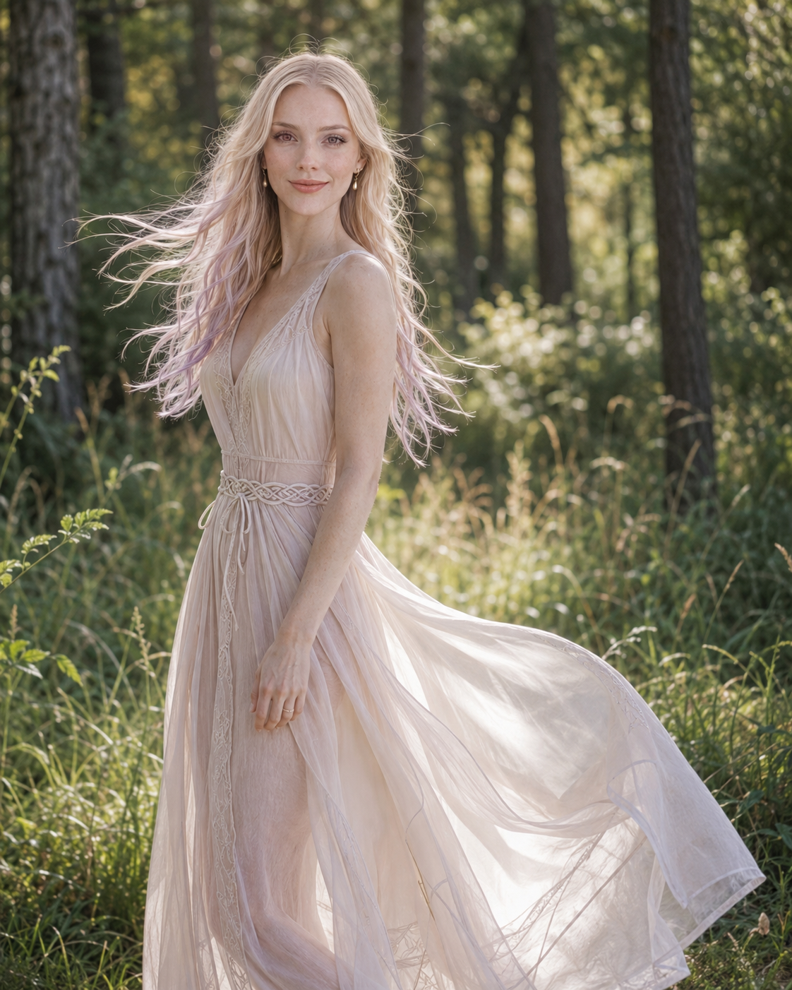 Angellyz em meio à natureza com luz suave, cabelo claro com tons lilás e expressão contemplativa.