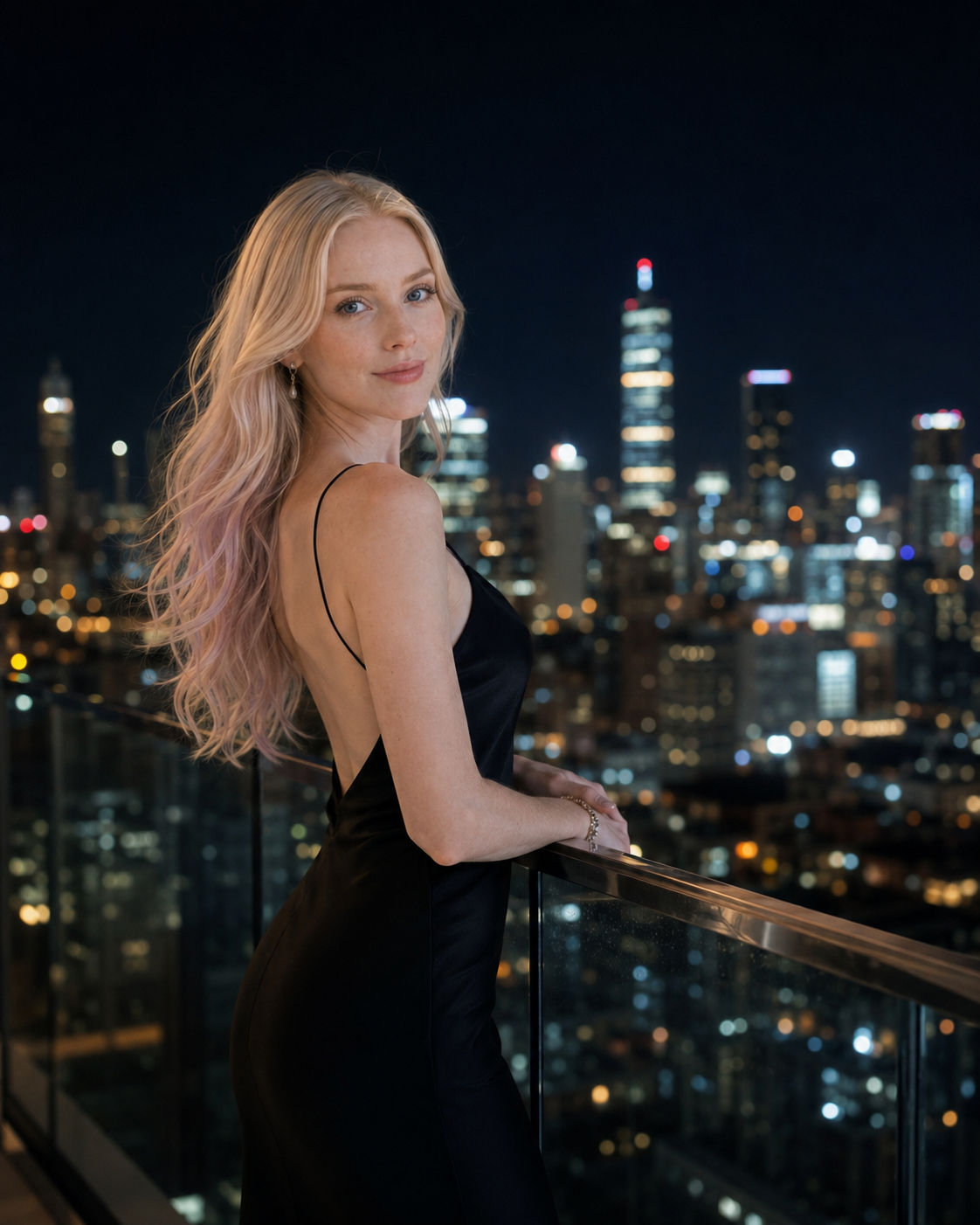 Angellyz em varanda noturna com luzes da cidade ao fundo, elegante e contemplativa.