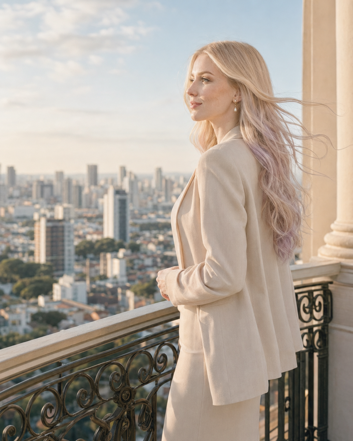 Angellyz na varanda do Trianon ao pôr do sol, olhando Londrina com expressão serena.